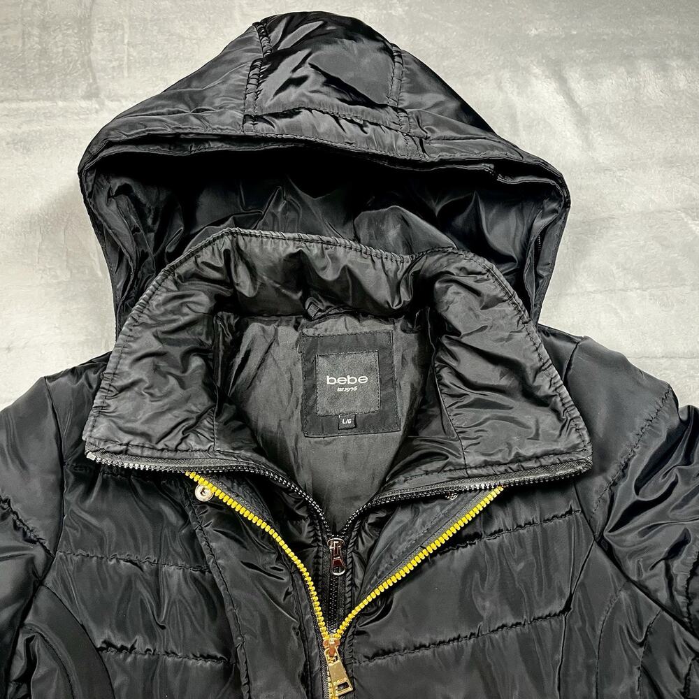 Bebe Long Black Puffer Coat Belted Gold Accents Womens L Double Zipper Hooded - Picture 2 of 16